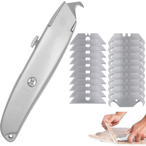Cutter Rétractable – Outil de Sécurité à Lame Interchangeable avec Verrouillage Automatique, 1 Couteau + 10 Lames Trapèze + 10 Lames Crocodile, Moquette Cartons Sols PVC, Argent (1/5)