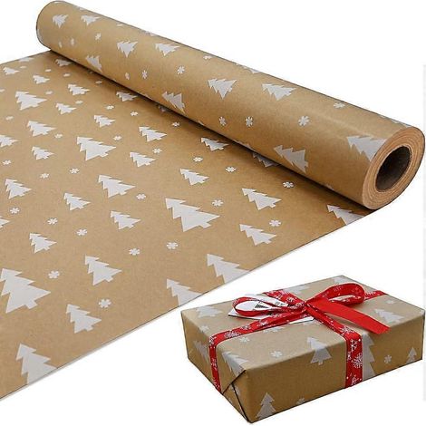 Rouleau de papier cadeau blanc kraft AURA, motif sapin, 100 % recyclable, écologique, idéal pour les anniversaires, les fêtes et les décorations de Noël (15 m x 43 cm) (1/5)