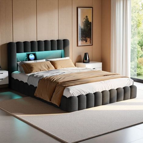 Bett Doppel 180x200 - Hydraulisch - LED RGB - Modernes Design - Intelligente Aufbewahrung