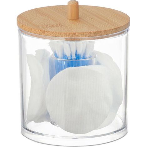 Organiseur pour cotons-tiges et disques démaquillants Relaxdays – plastique transparent avec couvercle en bambou naturel (1/4)