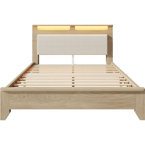Doppelbett 140 x 200 cm mit LED-Kopfteil, Stauraum und beigefarbenem Cordbezug (1/5)