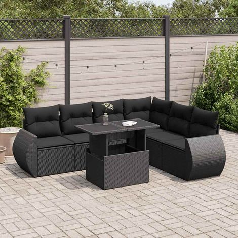 Set de sofás de jardín 7 pzas con cojines ratán sintético negro