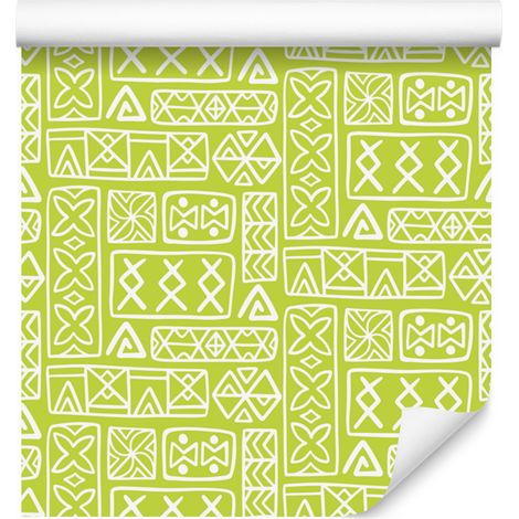 Papier peint à motif géométrique polynésien, vert citron et crème, 50 x 1000 cm (1/5)