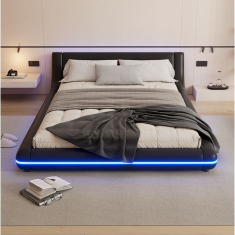 lit adulte chambre couchage LED 140x200 PU noir moderne HAVRYA (1/5)