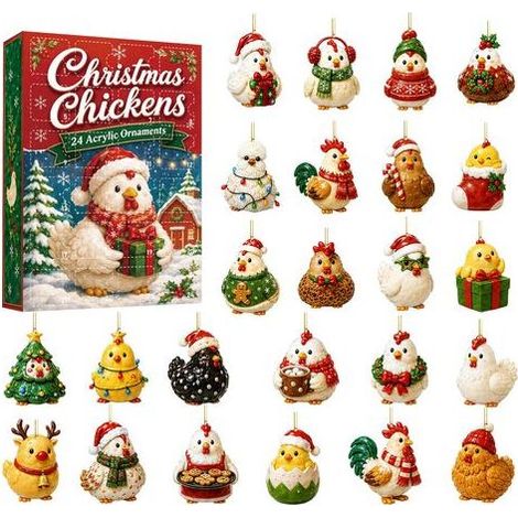 Boîte surprise de Noël, calendrier de l'Avent de Noël sur le thème des poussins de la ferme, coffret cadeau, décoration de sapin de Noël en acrylique, boîte surprise