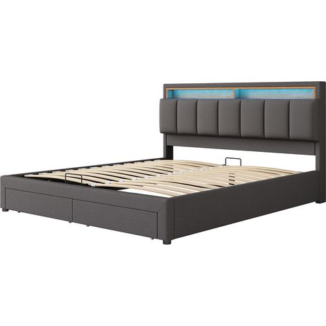 Cama tapizada con almacenaje LED 180 x 200 cm gris en lino, estructura de acero y somier (1/5)