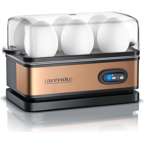 Arendo – Cuiseur à œufs avec fonction maintien au chaud - 1 à 6 œufs - Dur, mollet ou à la coque - Indicateur lumineux - Verre doseur avec perce-œufs - 400 W - Base anti-dérapante, Couleur noir cuivre (1/5)