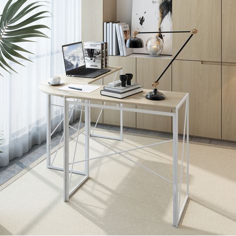 Bureau d’angle bois et métal avec grand plateau, structure noire, style moderne