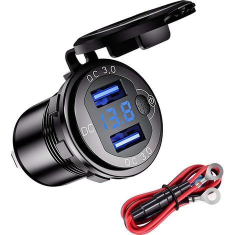 Caricabatterie USB impermeabile QC3.0 per auto/moto, spina di ricarica doppia USB 12/24V in lega di alluminio, con interruttore e voltmetro a LED per auto, barche, ATV, autobus (nero) (1/5)