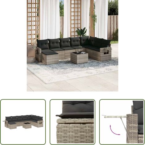 vidaXL Gartensessel - 9-tlg. Garten-Sofagarnitur mit Kissen Hellgrau Poly Rattan (1/5)