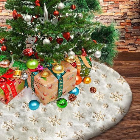 Christmas Tree Skirts, Plush Christmas Tree Mat 90CM Round White Christmas Tree Base Cover with Artificial Gold Snowflake Tree Skirt (1/5)