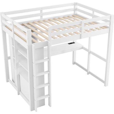 Lit mezzanine 140x200 blanc avec bureau intégré, 2 tiroirs, étagères, LED et USB, HOMVRA (1/5)
