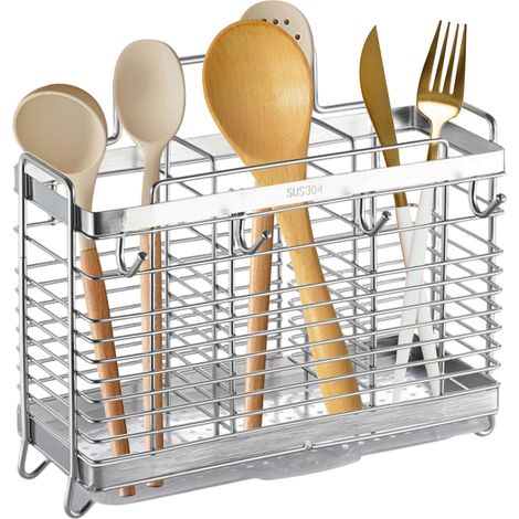 Égouttoir à couverts de cuisine, porte-ustensiles de cuisine en acier inoxydable, 3 compartiments, panier pour couverts avec plateau classeurs et crochet, fixation murale/table (1/5)