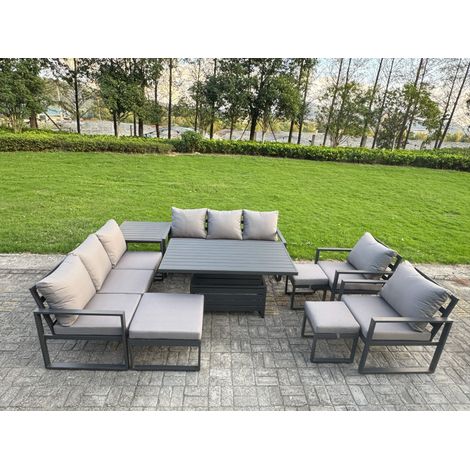 Fimous 9 Piece Garden Furniture Set 11-Seater Aluminium Outdoor Dining Set with Adjustable Rising Lifting Dining Table & Cushions Side Table 3 Footstools Dark Grey (1/5)