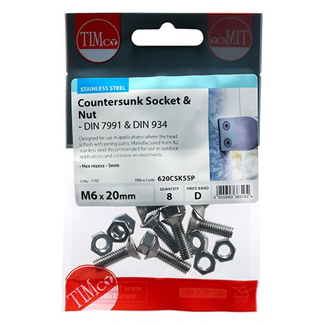 TIMCO Countersunk Socket Screws DIN7991 A2 Stainless Steel - M6 x 20