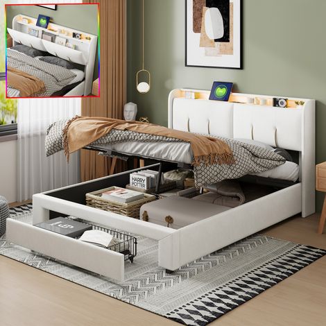 Polsterbett 140x200 mit Stauraum kopfteil und LED,Stauraumbett mit Schubladen und USB,Jugendbett mit Lattenrost,Samt,Beige