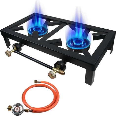 Cuisinière à Gaz Portable en Fonte, Double Brûleur avec Récupérateur de Chaleur, 16000W, Noir (1/5)