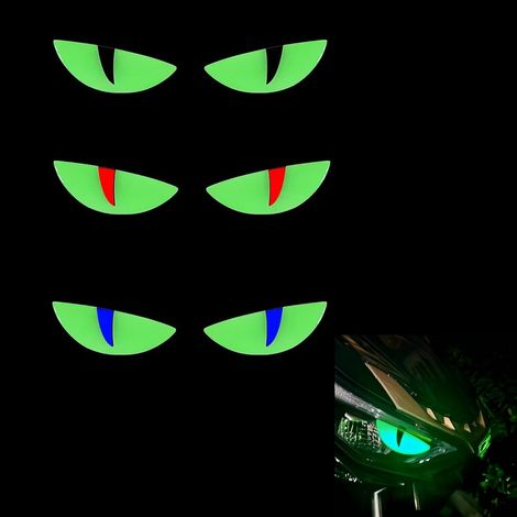Lot de 3 paires d'autocollants 3D lumineux yeux de chat pour moto avant et phare - Autocollants 3D phosphorescents - Décoration de moto - Également pour voiture et casque (couleur lumineuse) (1/5)