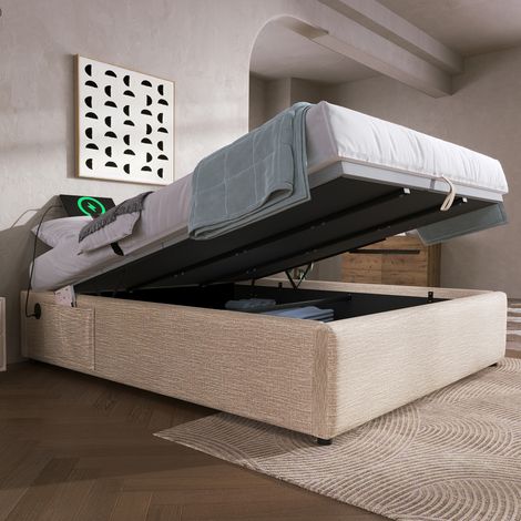 Lit en bois 180x200 cm, lit double, tiroirs de rangement, éclairage LED, ports USB et Type-C, cadre métallique robuste, bois chêne (1/5)