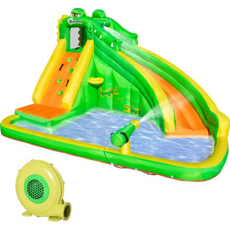 Outsunny 5 in 1 Kids Bouncy Castle Large Crocodile Style Inflatable House Slide Basket Water Pool Gun Climbing Wall with Blower Carrybag for Kids Age 3-8, 3.85 x 2.85 x 2.25m