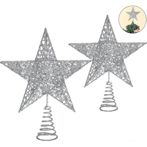 2 pièces cime de sapin de Noël étoile métallique à paillettes étoile ajourée en fil métallique pour cime d'arbre (argent) (1/5)