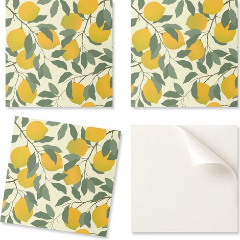 Baldosas de vinilo listas para instalar con estampado decorativo, dise帽o bot谩nico de limones, 20x20x20 cm.