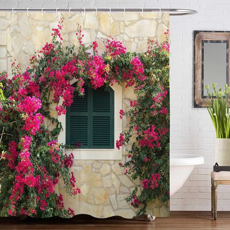 Rideau de douche avec crochets pour décoration de salle de bain Motif fleurs et vignes Rose/violet 180 x 180 cm (1/5)