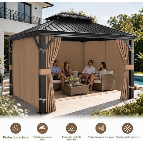 Waterproof Replacement Outdoor Curtains for Gazebo 3x3m, Panels Interior Exterior 300D Oxford with Zipper, Hooks for Gazebo, Pergola, Khaki (1/4)