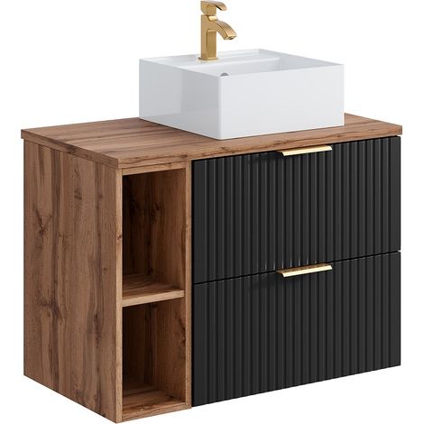 Meuble de salle de bain suspendu strié avec niches et vasque à poser carrée - Noir et naturel clair - L80 cm - ZEVARA