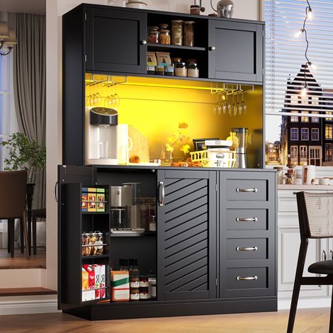 REDOM Meuble de cuisine 120x40x188 cm avec éclairage LED étagères à boissons et à en-cas 4 portes et 2 grands tiroirs, noir (1/5)