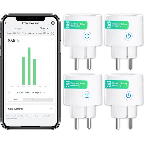 Prise Connectée WiFi 16A Mise à Niveau des Compteurs Mesure de Consommation Électrique et des Factures ÉLectricité Horaires et Minuterie 4PCs (1/5)