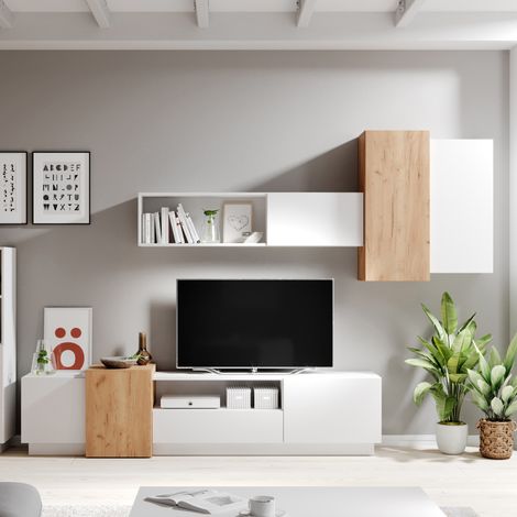 Parete Attrezzata Kamolofa, Mobile Soggiorno Modulabile, 8 Ripiani, 13 Vani, Bianco (1/5)