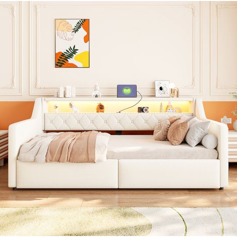 Cama con almacenaje 90 x 200 cm con tira LED, USB y USB-C, beige OKMYHOME (1/5)