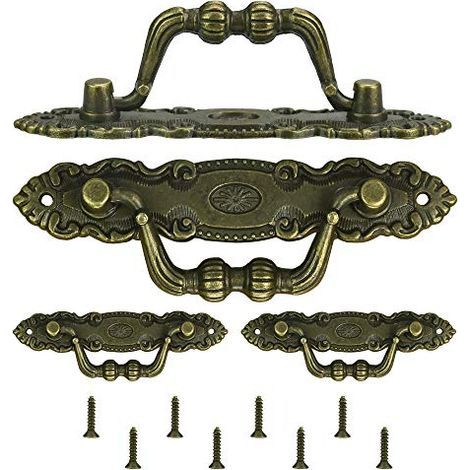Lot de 4 poignées de meubles antiques en bronze avec anneau de traction - Poignées de tiroir décoratives vintage avec vis pour armoires, commodes, boîtes en bois (1/5)