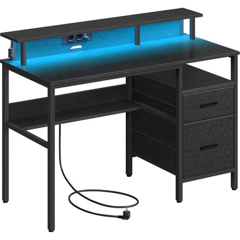 Bureau gaming avec lumières led et multiprise bureau informatique avec support d'écran table avec rangement 2 tiroirs 2 ports usb pour bureau noir boisé
