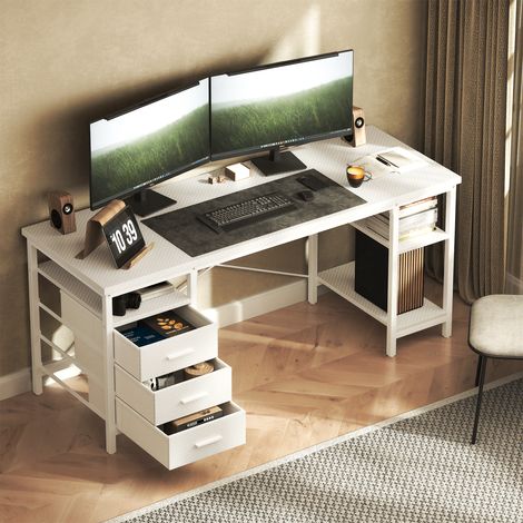 Bureau avec 3 Tiroirs en Tissu 140 × 60 ×75 cm Bureau Gaming avec 3 étagères, Bureau Gamer Blanc