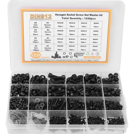 Kit Assortment of Hex Socket Head Cap Screws, Nuts and Washers, 1220 Pieces in Black Carbon Steel - Sizes M2 to M5 (1/5)