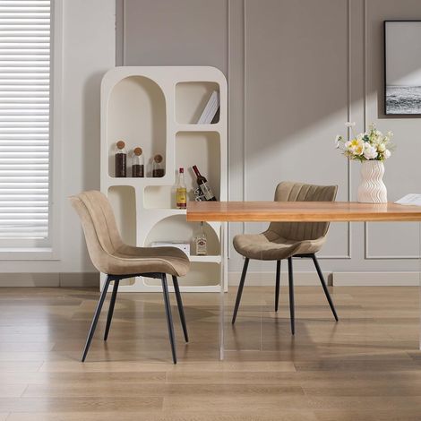 Lot de 2 Chaises de Salle à Manger Modernes en Similicuir PU, Dossier Capitonné, Pieds en Métal Noir, Taupe (1/5)