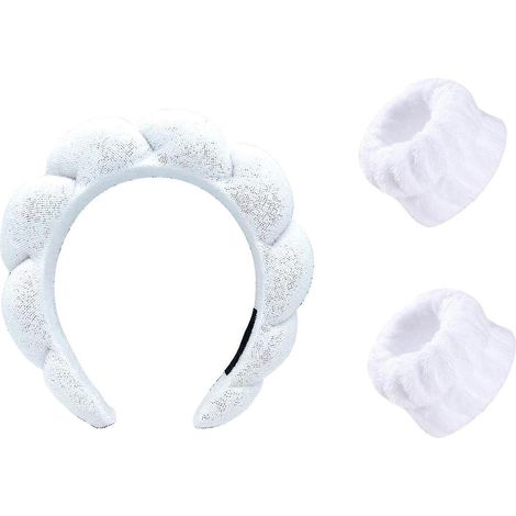 Ensemble de 3 bandeaux de spa avec serviettes pour les poignets, chouchous/bandeaux pour se laver le visage, bandeaux de soin pour la peau W-White- (1/4)