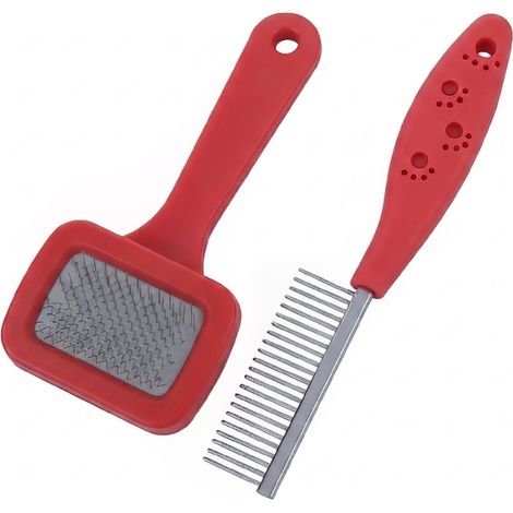 Kit Toelettatura per Cani e Gatti con Spazzola Cardatore e Pettine a Denti Stretti, Rimozione Pelo Morto e Sottopelo, Accessori Grooming Professionale Rosso (1/5)