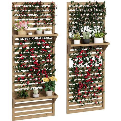 Set aus 2 Zimmerpflanzenständern mit Ablagen und Rankgitter, 60 x 18 x 170 cm, Naturholz