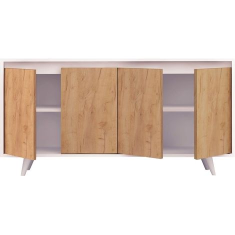 Buffet 4 portes blanc & effet chêne 140 cm - Corin