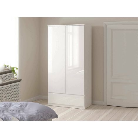 Dmora - Kleiderschrank 2 Türen Suzanne, Schlafzimmermöbel, Schrank, Garderobe, 99x50 h201 cm, Glänzendes Weiß (1/5)