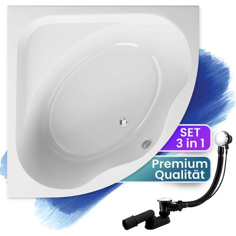 Badewanne Eckbadewanne 150x150, Ablaufgarnitur & Füßen GRATIS - Komplettset 3in1 Original Acryl Wanne Premium Siphon - Made in EU - BADLAND STANDARD