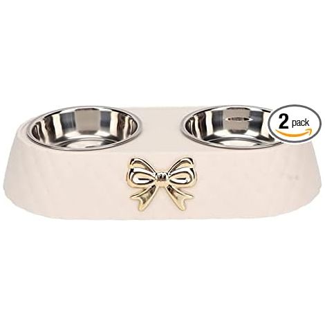 Double Pet Bowls with Bowknot Stand, Stainless Steel Water Bowls for Dogs and Cats, Non-Slip Design, Beige (1/5)