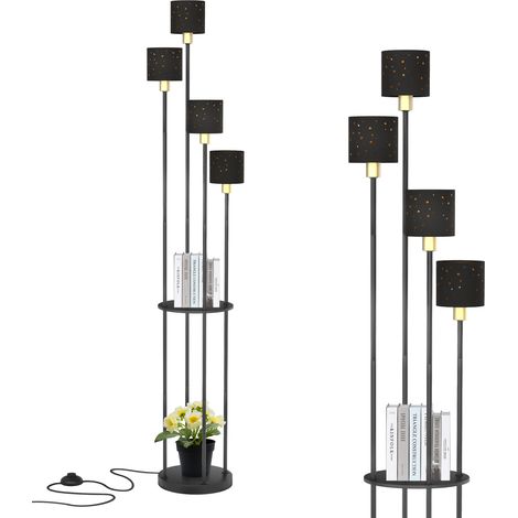 Puluomis – Lampadaire sur pied noir industriel 4 lumières – Abat-jour en lin perforé – Interrupteur au pied – Étagère décorative – 160 cm (1/5)