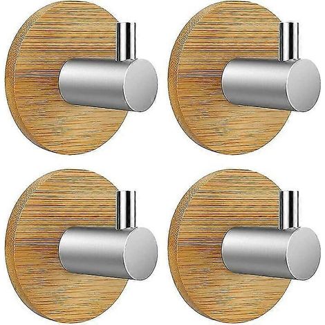 Crochet adhésif mural, crochet auto-adhésif pour salle de bain, cuisine, bureau, porte, lot de 4 (bambou et acier inoxydable, rond) Bugumao (1/5)