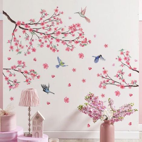 Stickers muraux Sakura Rose : fleurs, branches de vigne et oiseaux pour décoration murale chambre et salon - lot de 2 feuilles (1/5)