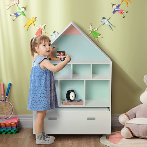 Estantería de Madera Infantil Forma de Casa Librería para Niños con 8 Compartimentos Abiertos y Cajón de 2 Colores 82x30x126 cm Blanco (1/5)
