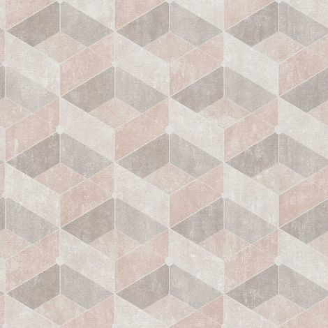 Papier peint beige et et rose géométrique Tapisserie motifs à cubes effet 3D Papier peint contemporain moderne idéal pour chambre (1/4)